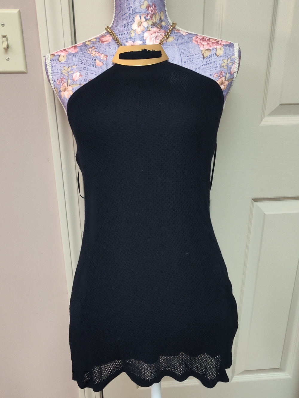 Cache Black Halter Knit Tank Top with Gold Neck Chain